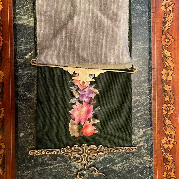 Vintage Needlepoint Green Floral & Velvet Wall Decor~Runner - Picture 2 of 10